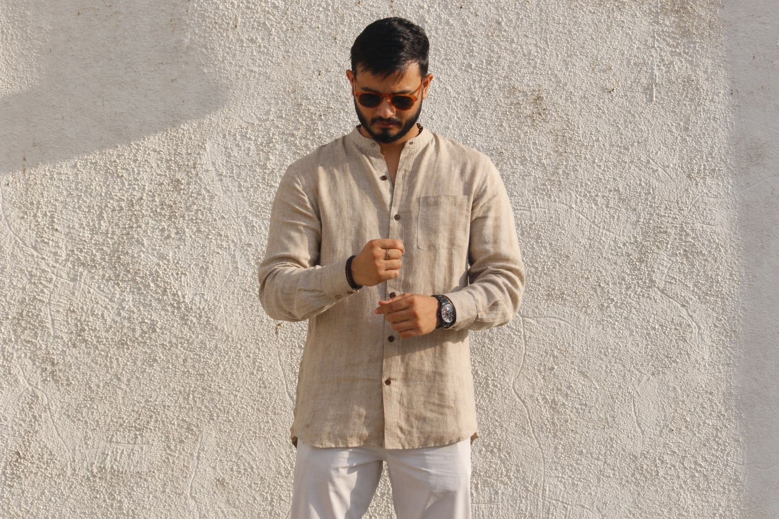 Sand Grandad Collar Shirt